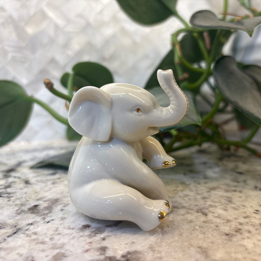 Vintage Lenox Baby Elephant Trunk Up Porcelain Figurine Ivory 24k Gold Accents